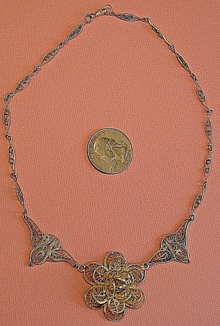 Rare Antique Vintage Art Deco Filigree 3d Sterling Silver Necklace 16 " Flower A -