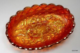 Rare Imperial Glass Iridescent Pansy Marigold Carnival Glass Oval Bowl