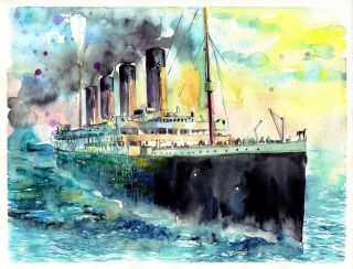 Rms Titanic White Star Line Ship 1912,  Watercolor Rare Painting Signed