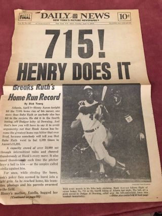 Very Rare Henry Aaron Newspaper Front Page Hits 715th Home Run To Beat Babe Ruth