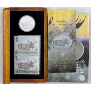 Canada 2004 Rare Moose $5 Fine Proof Silver Coin & Stamp Rcm Set.