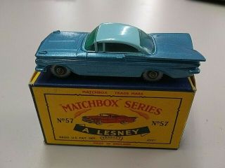 Rare Matchbox Lesney Chevrolet Impala 57 Blue Base Spw Nm In C Box
