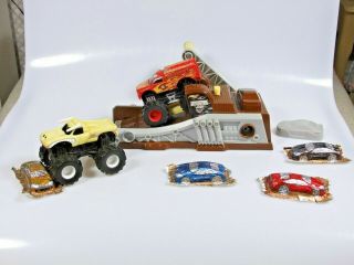 Monster Jam Trucks With Launcher,  Hot Wheels Rev Up Crushable Car Mold Cars Rare