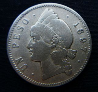1897 Dominican Republic Rare Large Silver Coin 1 Peso Vf