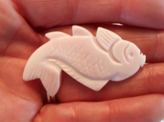 Rare Vintage Carved White Jade Pink Koi Fish Brooch Pin Collectible 2 "