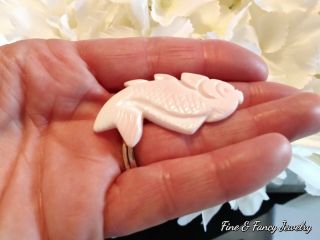 Rare Vintage Carved White Jade pink Koi Fish Brooch pin collectible 2 