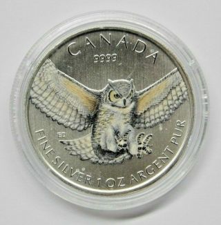 Canadian Silver 1 Oz Great Horned Owl 2015 (birds Of Prey Series) Rare Colorized
