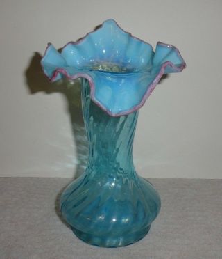 Rare Vintage (1909 - 10) Jefferson Convex Rib Opalescent Jip Vase W/cranberry Frit