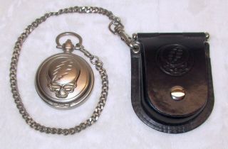Rare Ics Grateful Dead Steal Your Face Pocket Watch With Chain & Leather Case