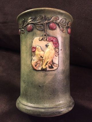 Rare Weller Arts & Crafts Pottery Vase With Hanging Yellow Birds Design