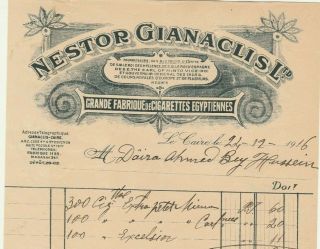 Egypt Old Rare Cigarettes Factory Invoice Nestor Gianaclis Co.  At Cairo 1916