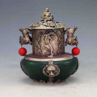Rare Vintage Oriental Green Jade Inlaid Tibetan Silver Buddha Lid Incense Burner