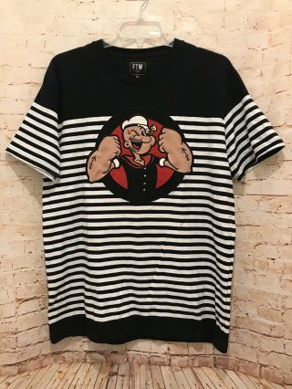 Popeye The Sailor Man Ftw Worldwide Black And White Stripe T - Shirt Size Xl Rare