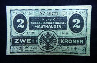 1918 Austria Rare Banknote Prisoners War Wwi 2kr Aunc Mauthausen K - Und - K Lager