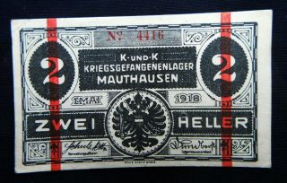 1918 Austria Rare Banknote Prisoners War Wwi 2h Aunc Mauthausen K - Und - K Lager