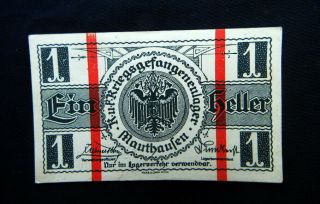 1918 Austria Rare Banknote Prisoners Of War Wwi 1 Heller Aunc Mauthausen Lager
