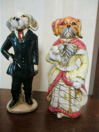 Rare Vintage Large Ceramic " Crackle Finish " Dogs Dressed In Victorian Attire Fi