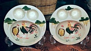 Rare (2) Vintage 1930 - 1940 C.  3 Section Plates W/ Egg Cups,  6 " Diam.  Roosters