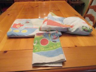 Vintage Rare Sesame Street 3 Pc Twin Sheet Set Flat Fitted Pillowcase Boat Guc