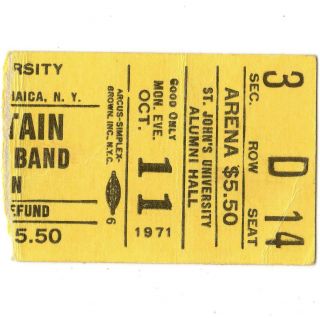 Mountain & J Geils Band Concert Ticket Stub Queens Nyc 10/11/71 St Johns Rare