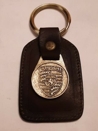Vintage Porsche Brown Leather Keychain With Emblem - Very Rare Old Piece