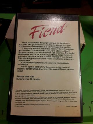 FIEND.  VERY RARE 1982 VHS RELEASE FROM FORCE VIDEO 2