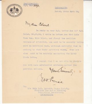 1934 Commissioner Of Police Bahawalpur Govt Letter To Minister For Law Very Rare