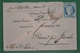 Rare France Stamp Cover Balloon Post 9 January 1871 Paris To Dinard (l94)