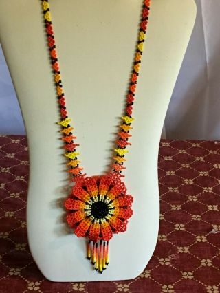 Vintage Native American Fire Red Yellow Flower Medallion Necklace Seed Bead Rare