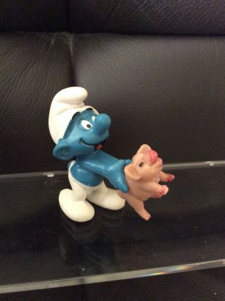 Rare Schleich Peyo Scci Smurf Holding Pig,  Scci Smurf With Pig