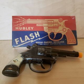 RARE HUBLEY ' FLASH ' CAP GUN w/ BOX break barrel revolv type 1930/40 ' s 6