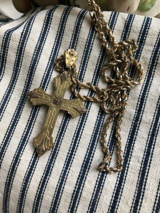 Antique Victorian Yellow Gold Rose Gold Cross Mourning Necklace Gothic RARE 2