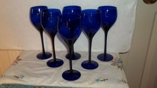 Rare 6 Vintage 1950s Hand Blown Cobalt Blue Ex Long Stem Wine Glasses