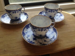 Rare Royal Copenhagen Pre 1900 Blue Fluted Three Cups And Saucers With Gold Rim