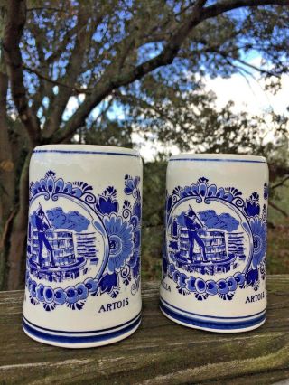 Antique Delft Holland Blue Willow Artois Beer Stein Mugs Set Of 2 Rare 4/5 ❤️j8