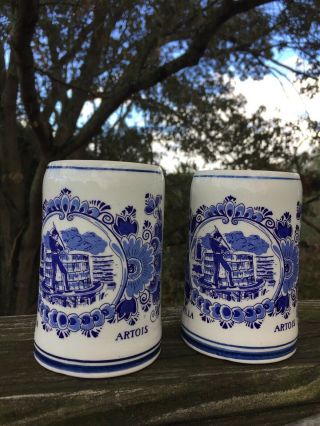Antique DELFT HOLLAND Blue Willow ARTOIS Beer Stein Mugs SET of 2 RARE 4/5 ❤️j8 3