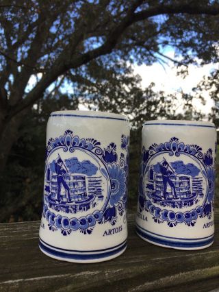 Antique DELFT HOLLAND Blue Willow ARTOIS Beer Stein Mugs SET of 2 RARE 4/5 ❤️j8 4
