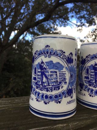 Antique DELFT HOLLAND Blue Willow ARTOIS Beer Stein Mugs SET of 2 RARE 4/5 ❤️j8 5