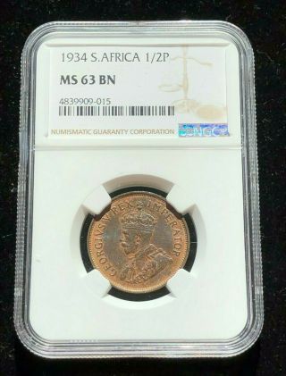 1934 South Africa 1/2 Penny,  Ngc Ms 63 Ch Unc,  Some Luster,  Rare Date & Grade