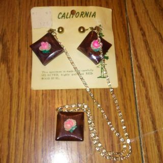 Redwood Burl Jewelry Earings Necklace Set California Card.  Germany Clasp.  Rare