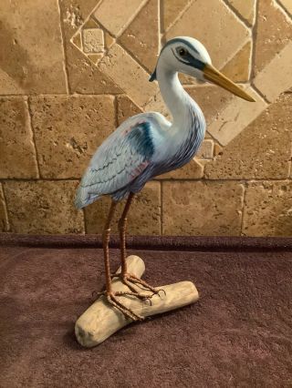 Great Blue Heron Hand Carved & Painted Wood Folk Art Bird 15” Tall Rare