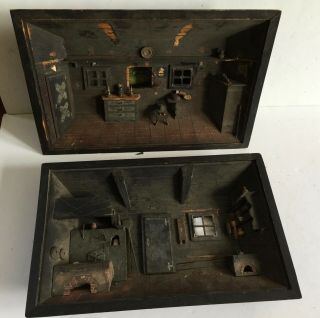 19thc Two Austrian Early Dioramas Interior Scenes Old And Rare Signed Folk Art