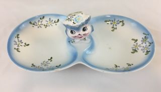 Rare Vintage 1950s Lefton Miss Priss Kitty Cat Double Candy Dish 1507
