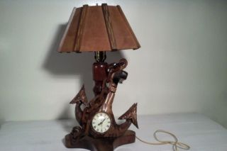 Vintage Antique Nautical Lamp Clock Boat Ship Anchor Hand Carved Wood Rare