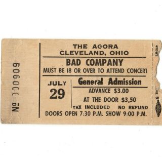 Bad Company Concert Ticket Stub Cleveland Oh 7/29/74 Agora First Album Tour Rare