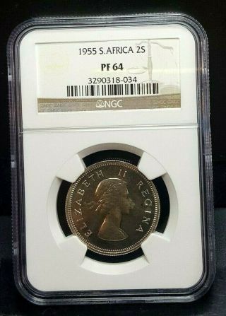 1955 South Africa Proof 2 Shilling 2s Ngc Pf64 Pop13 Silver Rare 2,  850 Minted