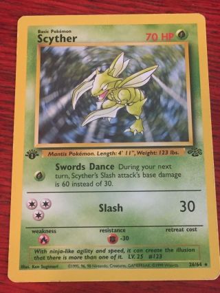 Pokemon Card Jungle 1st Edition Scyther 26/64.  Rare Wotc