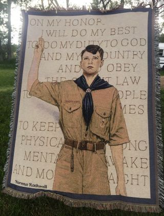 Norman Rockwell‘s Boy Scout Oath Woven Afghan Gift Throw Blanket 4’x6’ Rare