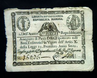 1798 Vatican Italy Rare Assignat Banknote 10 Paoli (cerchio) Repubblica Romana