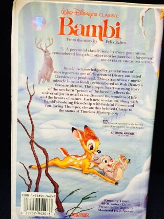 RARE Walt Disney Classics Bambi VHS Tape Black Diamond Clamshell Collectors 2